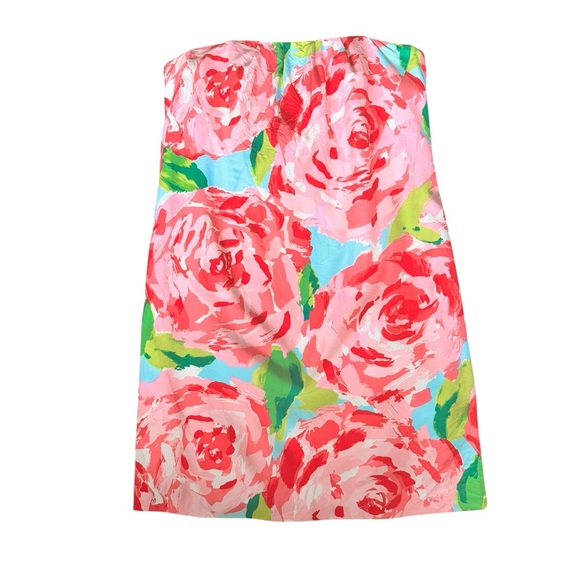 Lilly Pulitzer Strapless Pink Rose Floral Silk Cotton Dress 10 T26 - Picture 2 of 10